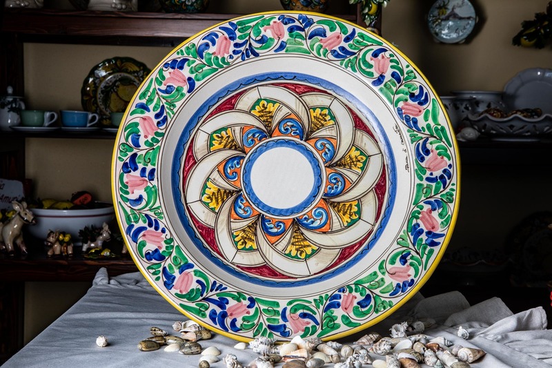 Large plate with satin decoration